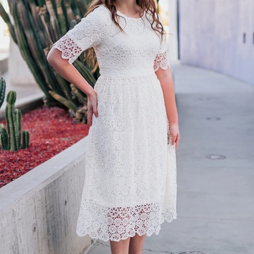 LAST 1❗️POLAGRAM White Embroidery Crochet Midi Dress - Picture 12 of 14